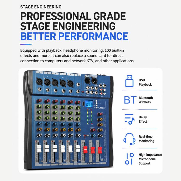 Mixer professionale Bluetooth a 6 canali CT-6 con amplificatore, EU Plug, UK Plug, US Plug