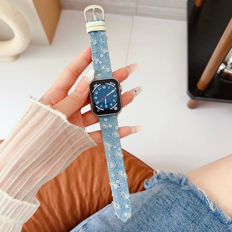 Cinturino per orologio in tela denim con fibbia ad ardiglione., For Apple Watch 46mm / 49mm / 45mm / 44mm, For Apple Watch 42mm / 41mm / 40mm / 38mm