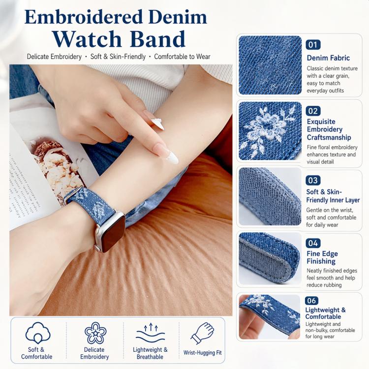 Cinturino per orologio in tela denim con fibbia ad ardiglione., For Apple Watch 46mm / 49mm / 45mm / 44mm, For Apple Watch 42mm / 41mm / 40mm / 38mm