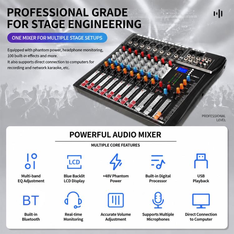 Mixer professionale Bluetooth a 8 canali CT-8 con scheda audio USB, EU Plug, UK Plug, US Plug