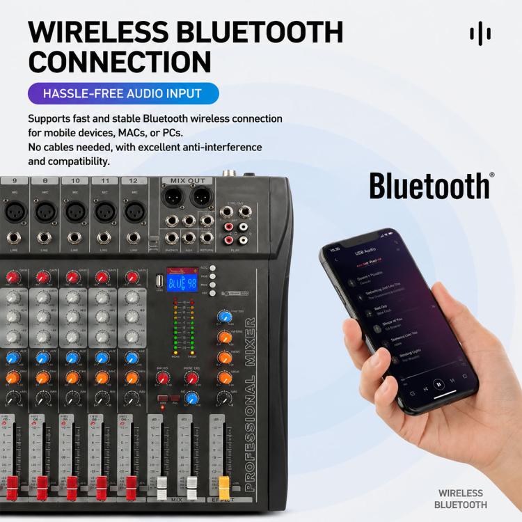 CT-12 Mixer professionale a 12 canali con Bluetooth per registrazione e streaming live, EU Plug, UK Plug, US Plug