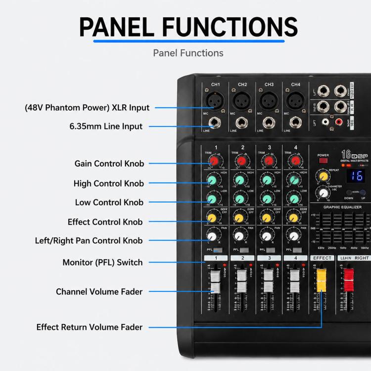 Mixer professionale Bluetooth multifunzione a 6 canali modello 602D con amplificatore integrato., EU Plug, UK Plug, US Plug