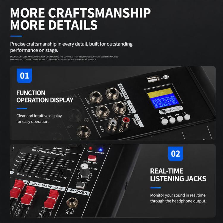 Mixer professionale Bluetooth multifunzione a 8 canali modello 802D con amplificatore integrato., EU Plug, UK Plug, US Plug