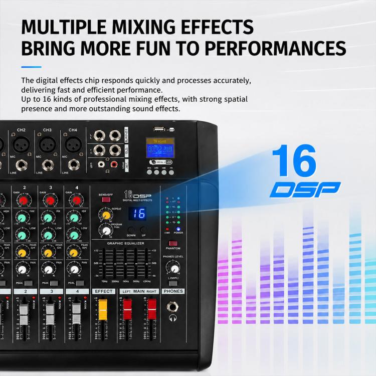 Mixer professionale Bluetooth multifunzione a 8 canali modello 802D con amplificatore integrato., EU Plug, UK Plug, US Plug