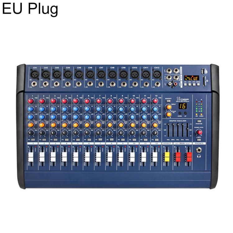Mixer professionale Bluetooth multifunzione a 12 canali modello 1202D con amplificatore integrato., EU Plug, UK Plug, US Plug