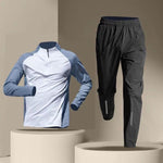Abbigliamento da palestra da uomo ad asciugatura rapida con mezza cerniera, White + Light Blue Set, White + Light Blue Long Sleeve, Black + Light Blue Set, Black + Light Blue Long Sleeve