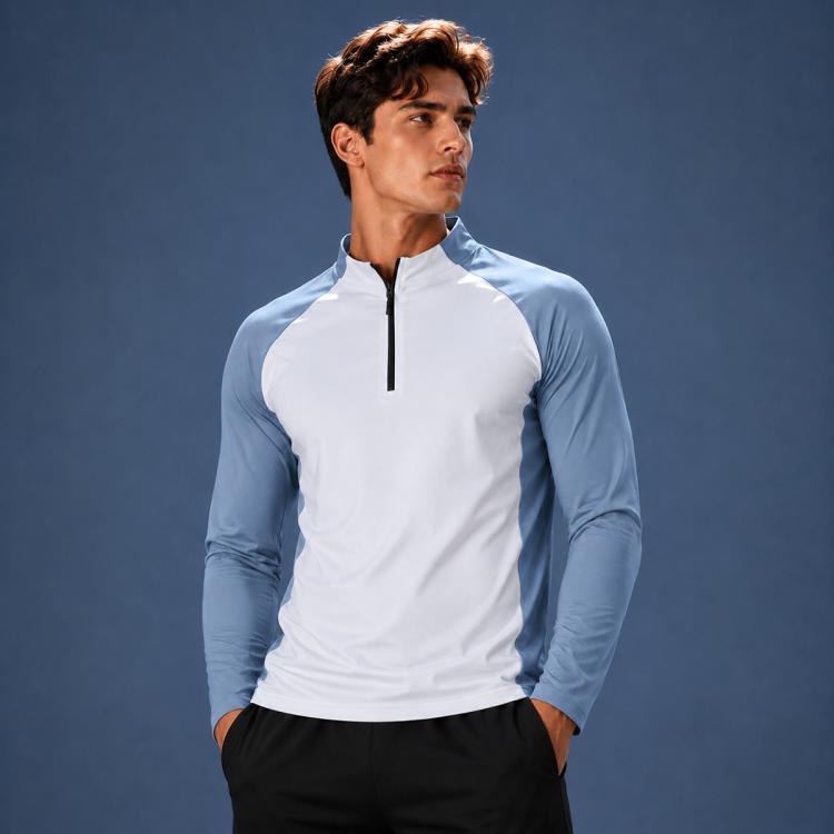 Abbigliamento da palestra da uomo ad asciugatura rapida con mezza cerniera, White + Light Blue Set, White + Light Blue Long Sleeve, Black + Light Blue Set, Black + Light Blue Long Sleeve