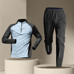 Abbigliamento da palestra da uomo ad asciugatura rapida con mezza cerniera, White + Light Blue Set, White + Light Blue Long Sleeve, Black + Light Blue Set, Black + Light Blue Long Sleeve