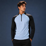 Abbigliamento da palestra da uomo ad asciugatura rapida con mezza cerniera, White + Light Blue Set, White + Light Blue Long Sleeve, Black + Light Blue Set, Black + Light Blue Long Sleeve