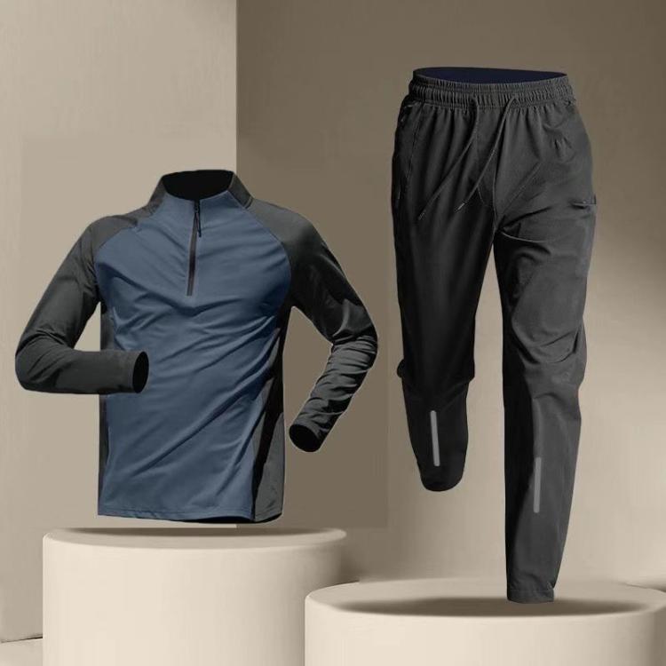 Abbigliamento da palestra da uomo ad asciugatura rapida con mezza cerniera, Black + Navy Blue Set, Black + Navy Blue Long Sleeve, Blue + White Long Sleeve