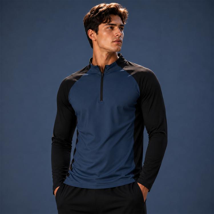 Abbigliamento da palestra da uomo ad asciugatura rapida con mezza cerniera, Black + Navy Blue Set, Black + Navy Blue Long Sleeve, Blue + White Long Sleeve