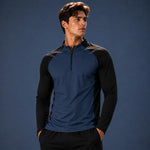 Abbigliamento da palestra da uomo ad asciugatura rapida con mezza cerniera, Black + Navy Blue Set, Black + Navy Blue Long Sleeve, Blue + White Long Sleeve