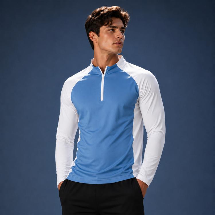 Abbigliamento da palestra da uomo ad asciugatura rapida con mezza cerniera, Black + Navy Blue Set, Black + Navy Blue Long Sleeve, Blue + White Long Sleeve