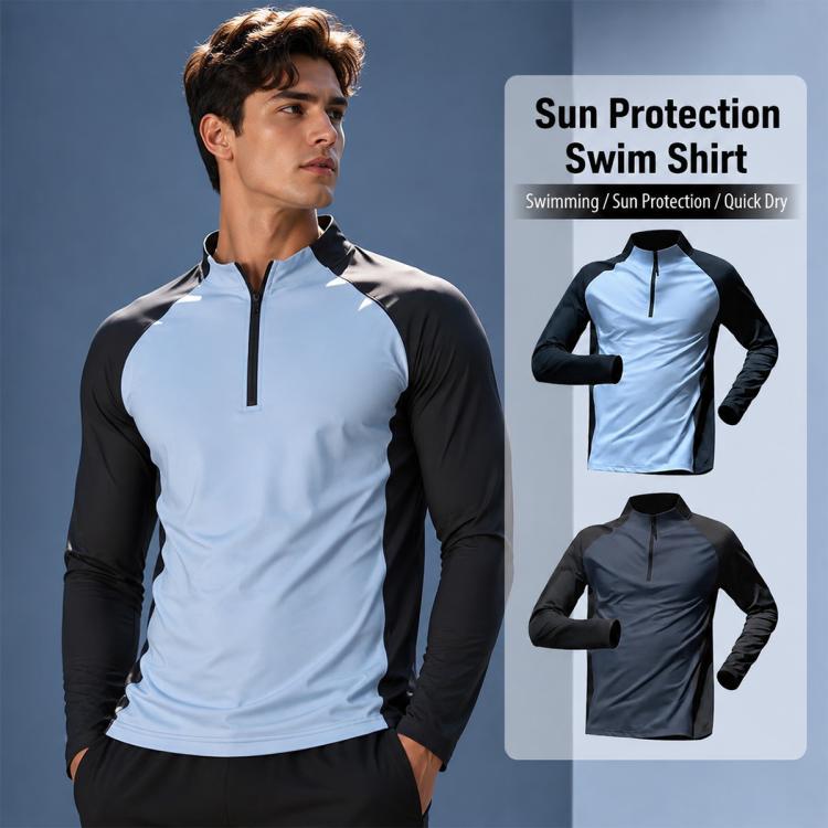 Abbigliamento da palestra da uomo ad asciugatura rapida con mezza cerniera, White + Light Blue Set, White + Light Blue Long Sleeve, Black + Light Blue Set, Black + Light Blue Long Sleeve