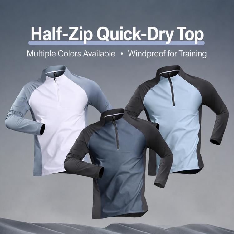 Abbigliamento da palestra da uomo ad asciugatura rapida con mezza cerniera, White + Light Blue Set, White + Light Blue Long Sleeve, Black + Light Blue Set, Black + Light Blue Long Sleeve