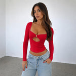 T-shirt a maniche lunghe sexy stile Y2K aderente in maglia, L, XL