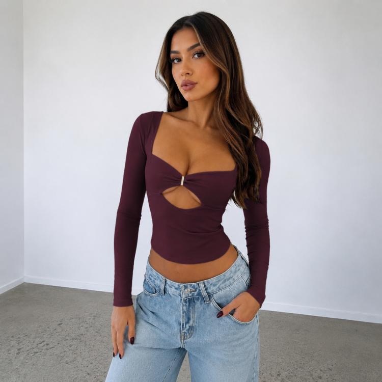T-shirt a maniche lunghe sexy stile Y2K aderente in maglia, XS, S