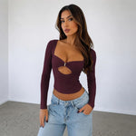 T-shirt a maniche lunghe sexy stile Y2K aderente in maglia, M, XXL