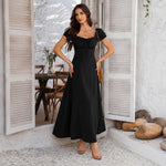 Abito francese elegante da donna a tinta unita con maniche a sbuffo, M, L, XL