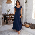 Abito francese elegante da donna a tinta unita con maniche a sbuffo, S, XXL
