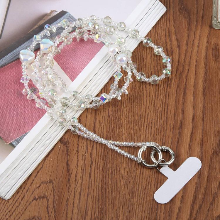 Ciondolo per cellulare a forma di cuore con perline e flacone di profumo, da portare a tracolla o con cordino di sicurezza.