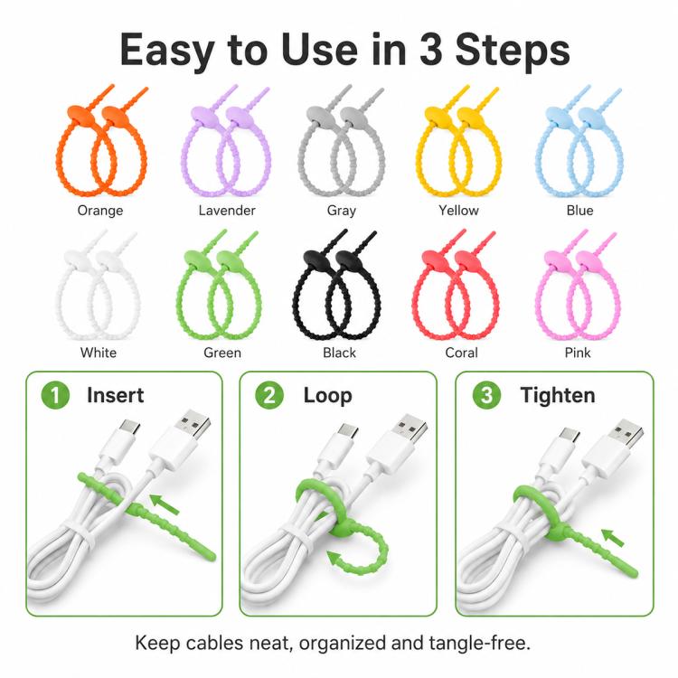 20 fascette in silicone fai-da-te da 15 cm per avvolgere e organizzare i cavi dati., 15cm Random Color Delivery