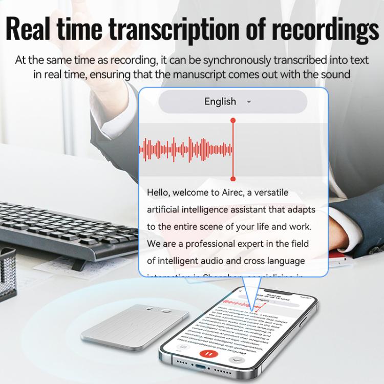Registratore vocale intelligente AI ultrasottile con doppia tastiera e impronta vocale, compatibile con AIREC-APP., 8GB, 16GB, 32GB, 64GB, 128GB, 256GB