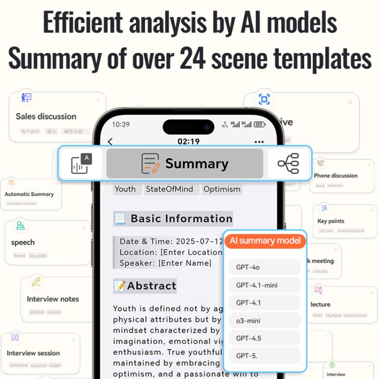 Registratore vocale intelligente AI ultrasottile con un solo tasto A3, compatibile con l'app AIREC., 8GB, 16GB, 32GB, 64GB, 128GB, 256GB