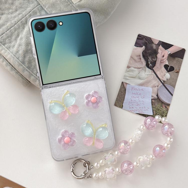 Custodia per telefono in resina PC con ciondolo a forma di farfalle e fiori smaltati, con bracciale integrato., For Galaxy Z Fold7, For Galaxy Z Flip7, For Galaxy Z Flip6 / Z Flip5, For Galaxy Z Fold6, For Galaxy Z Fold5, For Galaxy Z Fold4
