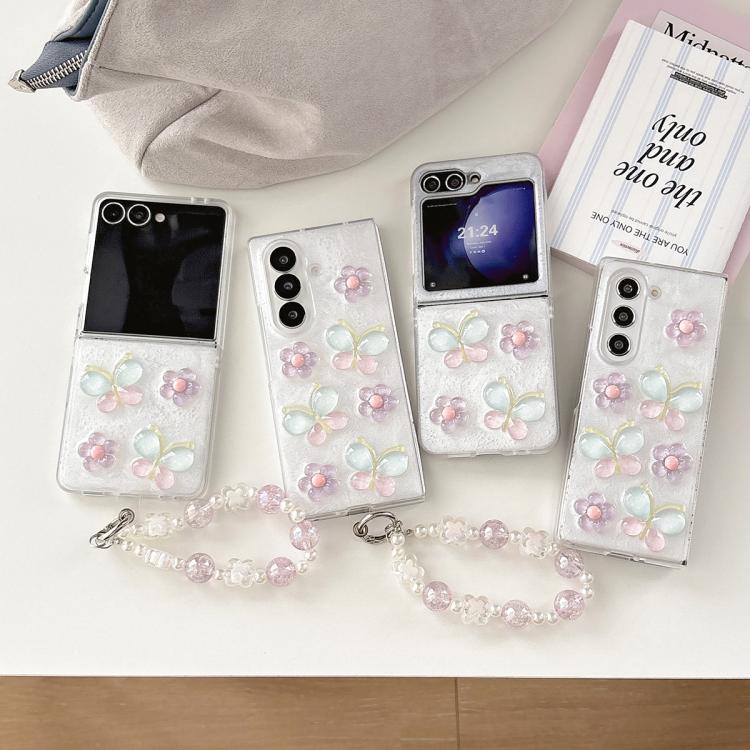 Custodia per telefono in resina PC con ciondolo a forma di farfalle e fiori smaltati, con bracciale integrato., For Galaxy Z Fold7, For Galaxy Z Flip7, For Galaxy Z Flip6 / Z Flip5, For Galaxy Z Fold6, For Galaxy Z Fold5, For Galaxy Z Fold4