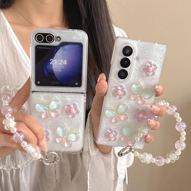 Custodia per telefono in resina PC con ciondolo a forma di farfalle e fiori smaltati, con bracciale integrato., For Galaxy Z Fold7, For Galaxy Z Flip7, For Galaxy Z Flip6 / Z Flip5, For Galaxy Z Fold6, For Galaxy Z Fold5, For Galaxy Z Fold4