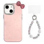 Simpatica custodia per telefono con fiocco color dopamina, adatta alla pelle sensibile, con cinturino da polso di perline., For iPhone 13 Pro, For iPhone 13