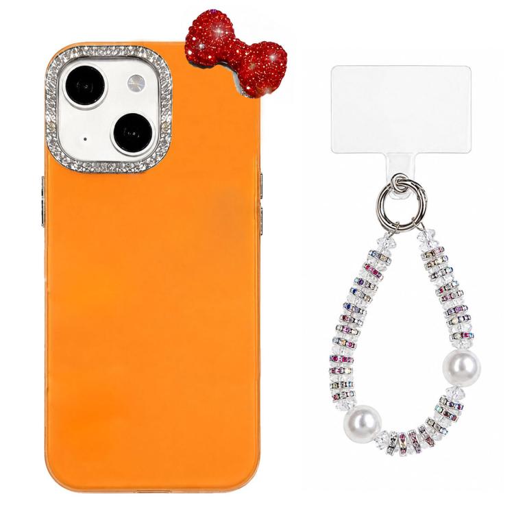 Simpatica custodia per telefono con fiocco color dopamina, adatta alla pelle sensibile, con cinturino da polso di perline., For iPhone 13 Pro, For iPhone 13
