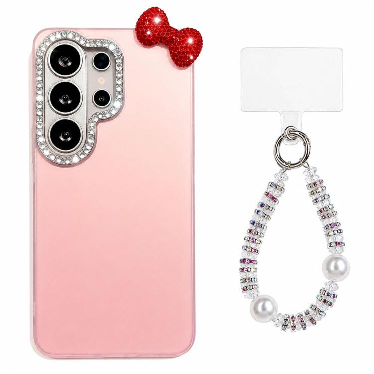 Simpatica custodia per telefono con fiocco color dopamina, adatta alla pelle sensibile, con cinturino da polso di perline., For Galaxy S23 Ultra 5G
