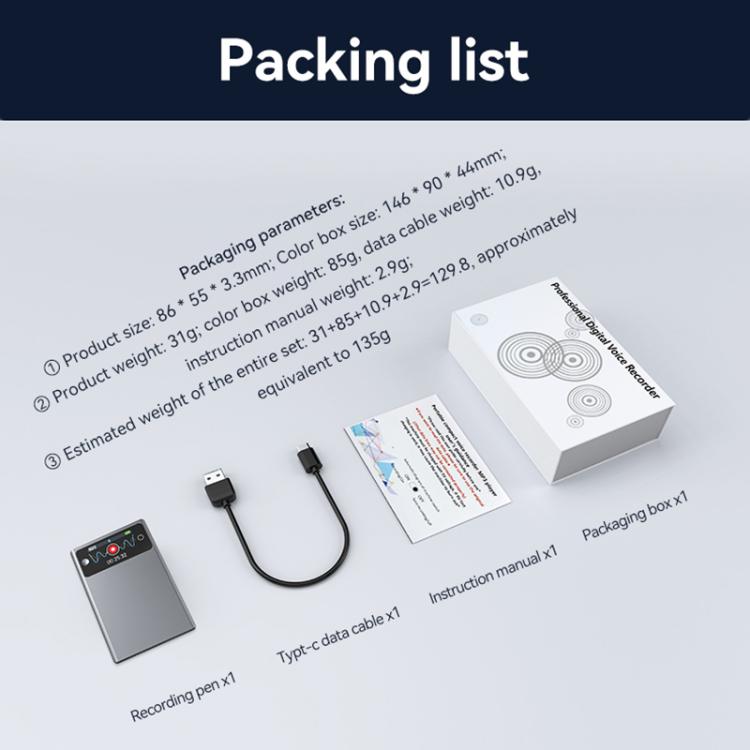 A3P Display da 1,47 pollici Ultra sottile Registratore vocale intelligente AI Supporto AIREC-APP, 8GB, 16GB, 32GB, 64GB, 128GB, 256GB