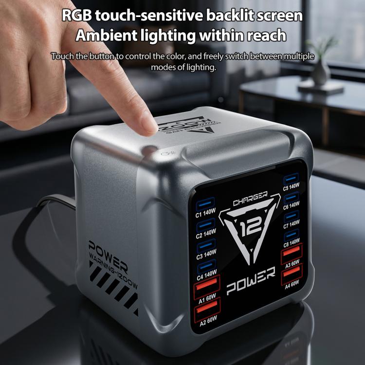Caricabatterie da tavolo multi-interfaccia GaN BK-127D da 1200 W con illuminazione touch RGB, EU Plug, US Plug, AU Plug, UK Plug