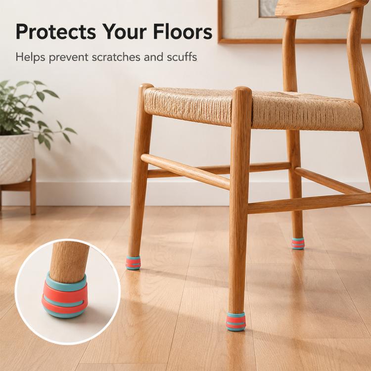 Set di 4 tappi antiscivolo in silicone per gambe di tavoli e sedie.