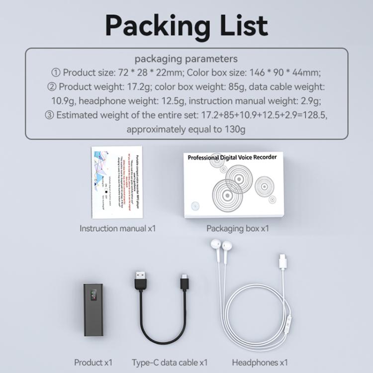 Registratore vocale Q31P con schermo da 0,42 pollici e connettore a spillo., 8GB, 16GB, 32GB, 64GB