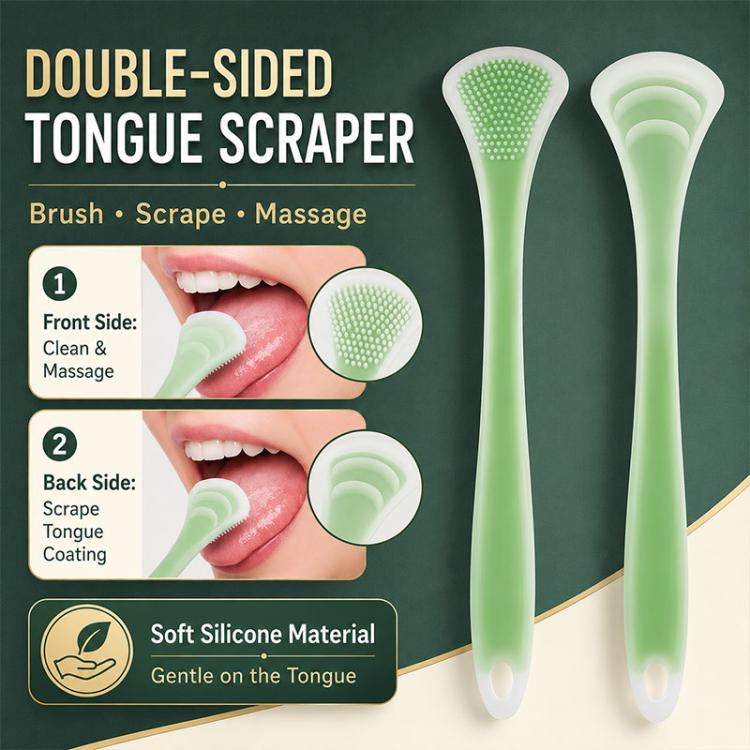 Confezione da 2 raschietti per lingua in silicone a doppia faccia, strumento per la pulizia orale