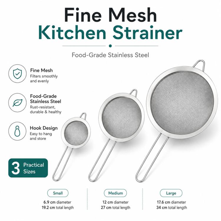 Set 3 in 1 di colino, cucchiaio e rete in acciaio inossidabile LsCook, 6.9+12+17.6cm
