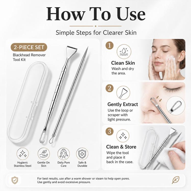 Set di raschietto per punti neri e ago a forma di U in acciaio inossidabile, strumento per la pulizia di punti neri e acne.