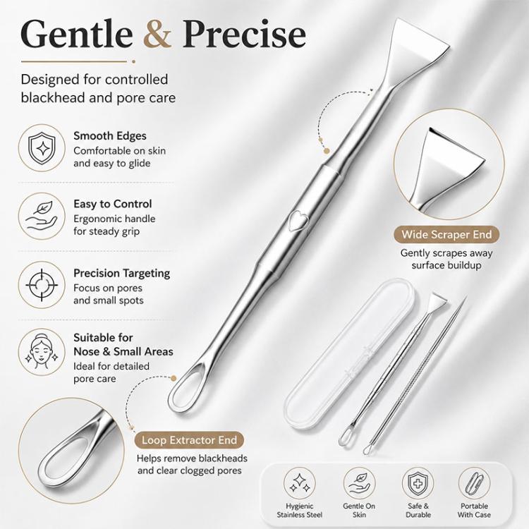 Set di raschietto per punti neri e ago a forma di U in acciaio inossidabile, strumento per la pulizia di punti neri e acne.