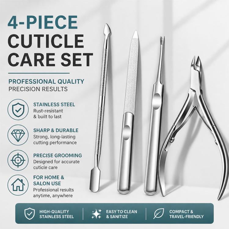 Set di 4 pezzi per manicure: tronchesino per cuticole, taglia cuticole, spingi cuticole, lima per unghie in acciaio inossidabile.