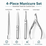 Set di 4 pezzi per manicure: tronchesino per cuticole, taglia cuticole, spingi cuticole, lima per unghie in acciaio inossidabile.