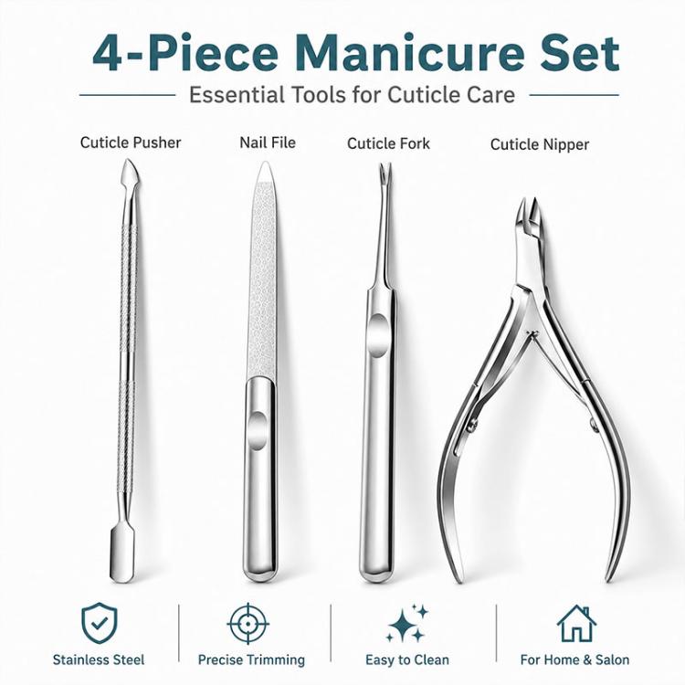 Set di 4 pezzi per manicure: tronchesino per cuticole, taglia cuticole, spingi cuticole, lima per unghie in acciaio inossidabile.