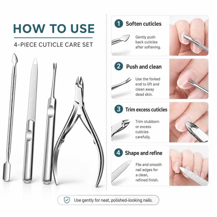 Set di 4 pezzi per manicure: tronchesino per cuticole, taglia cuticole, spingi cuticole, lima per unghie in acciaio inossidabile.