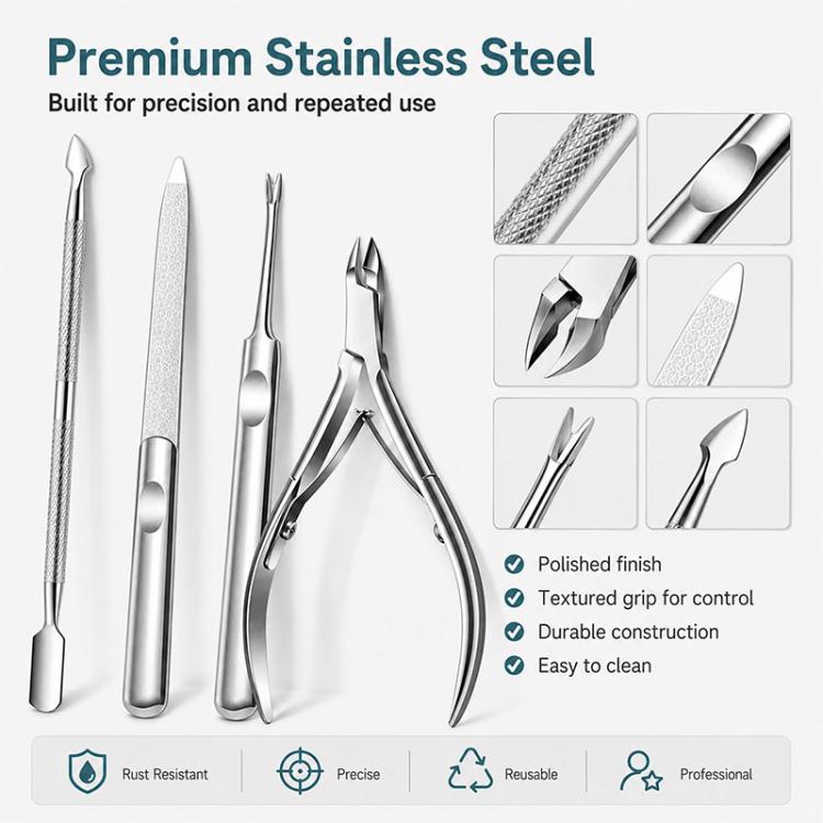 Set di 4 pezzi per manicure: tronchesino per cuticole, taglia cuticole, spingi cuticole, lima per unghie in acciaio inossidabile.