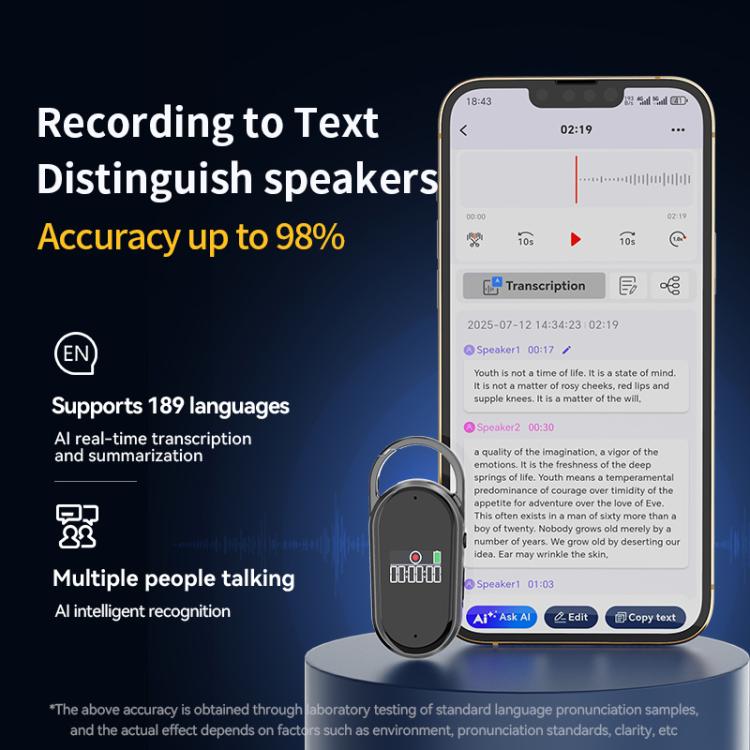 S29A Registratore vocale portatile con intelligenza artificiale e display TFT da 0,42 pollici, compatibile con portachiavi e app AIREC., 8GB, 16GB, 32GB, 64GB, 128GB, 256GB
