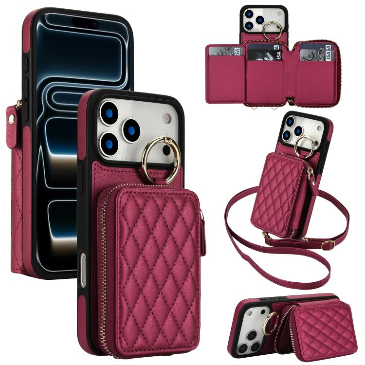 Portafoglio con cerniera, anello a rombo per tracolla, custodia per telefono con protezione RFID., For iPhone 17 Pro Max, For iPhone 17 Pro