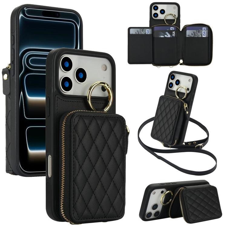 Portafoglio con cerniera, anello a rombo per tracolla, custodia per telefono con protezione RFID., For iPhone 17 Pro Max, For iPhone 17 Pro